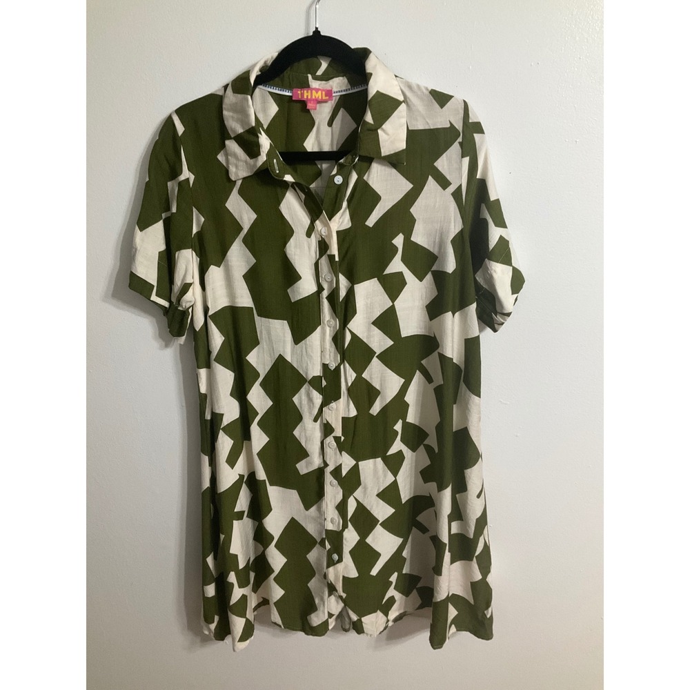THML Olive Green White Geometric Abstract Print Button Down Shirt Dress S - Picture 1 of 4